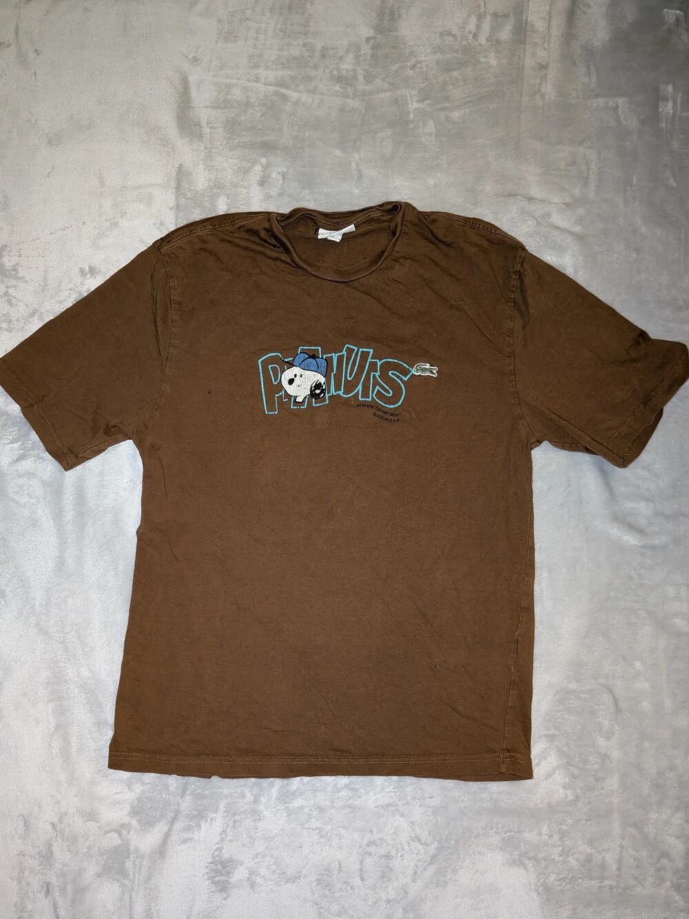 Lacoste x Peanuts Snoopy Party T Shirt Mens Medium Brown Loose Fit Charlie Brown